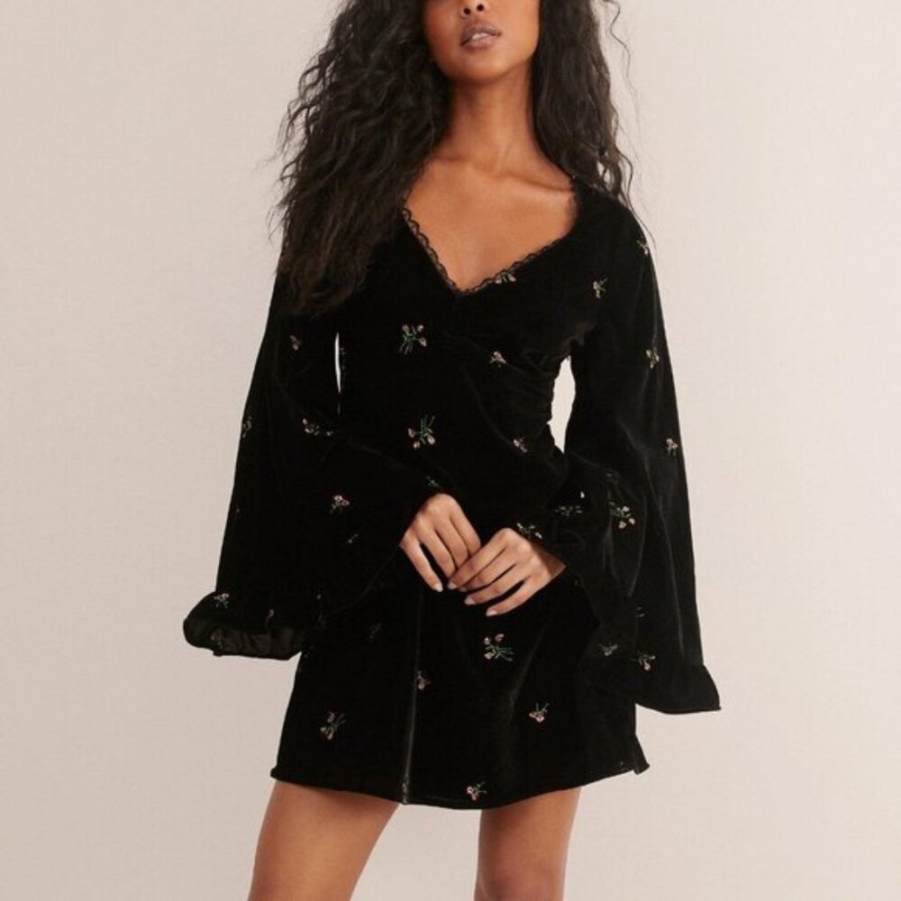 NASTY GAL Velvet Floral Embroidered Ruffle Lace Trim Mini Dress